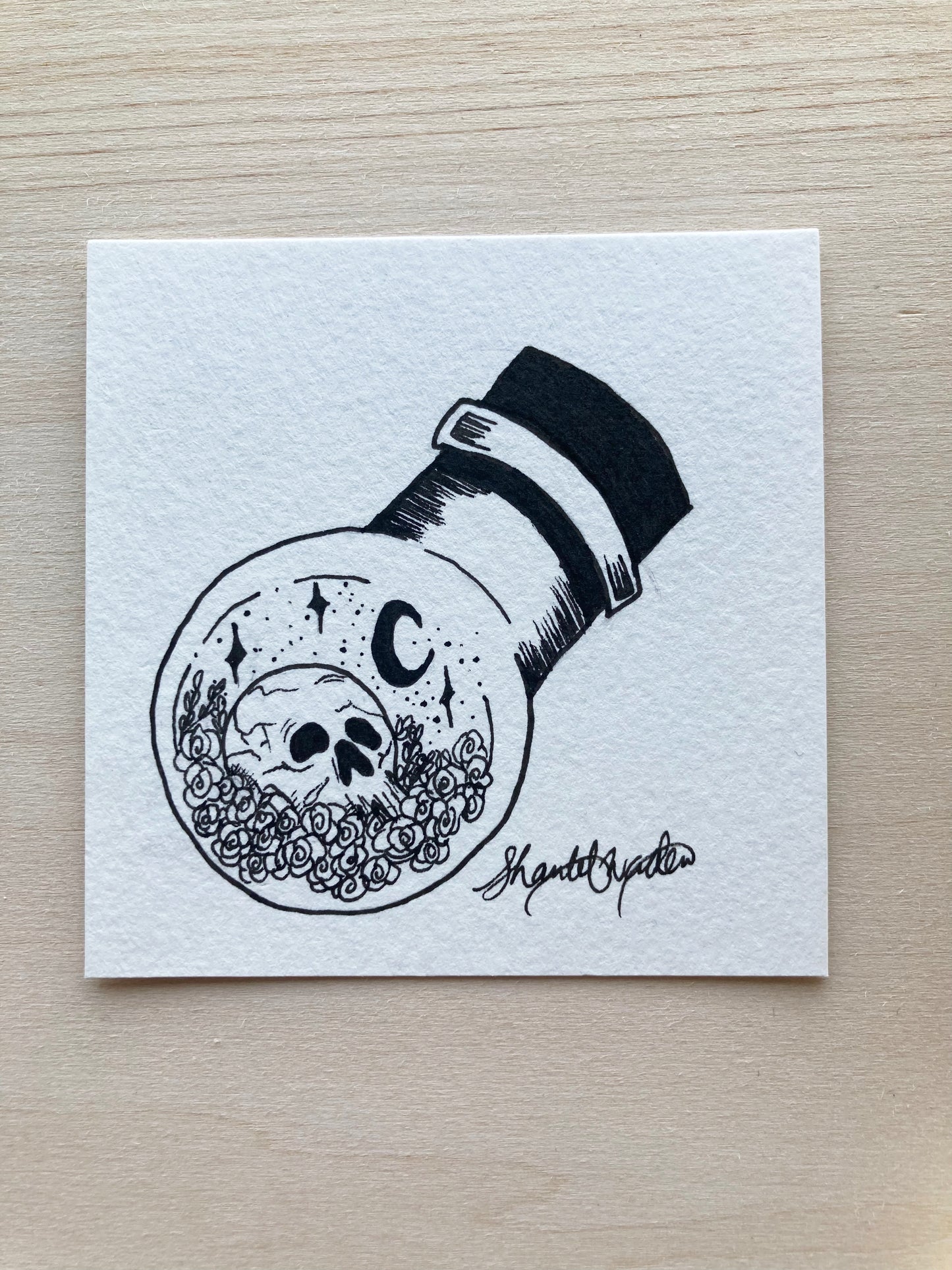 Original ink art Skull and Roses in a Bottle