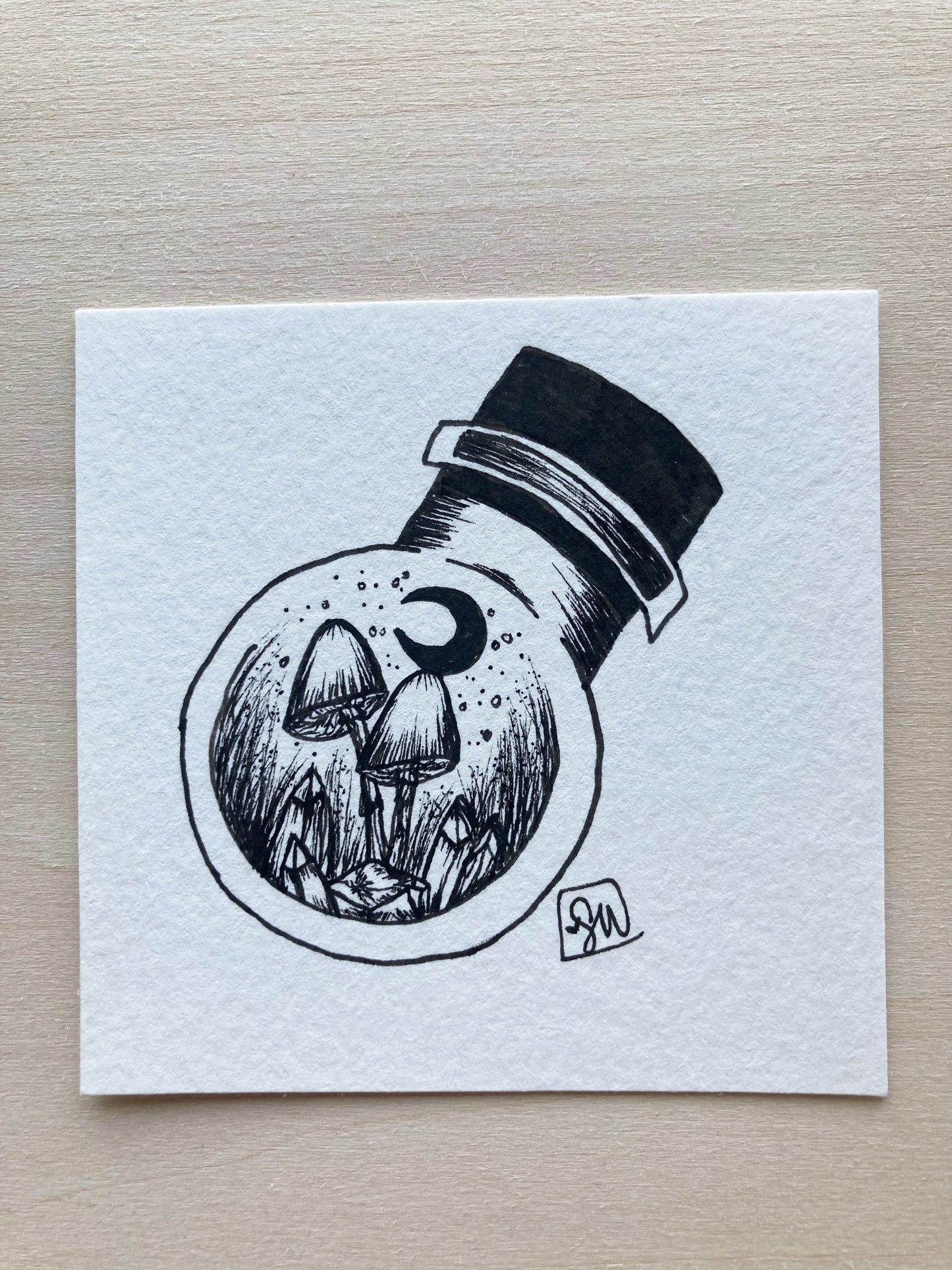 Original ink art Recharging Crystals with Mushrooms in a Bottle