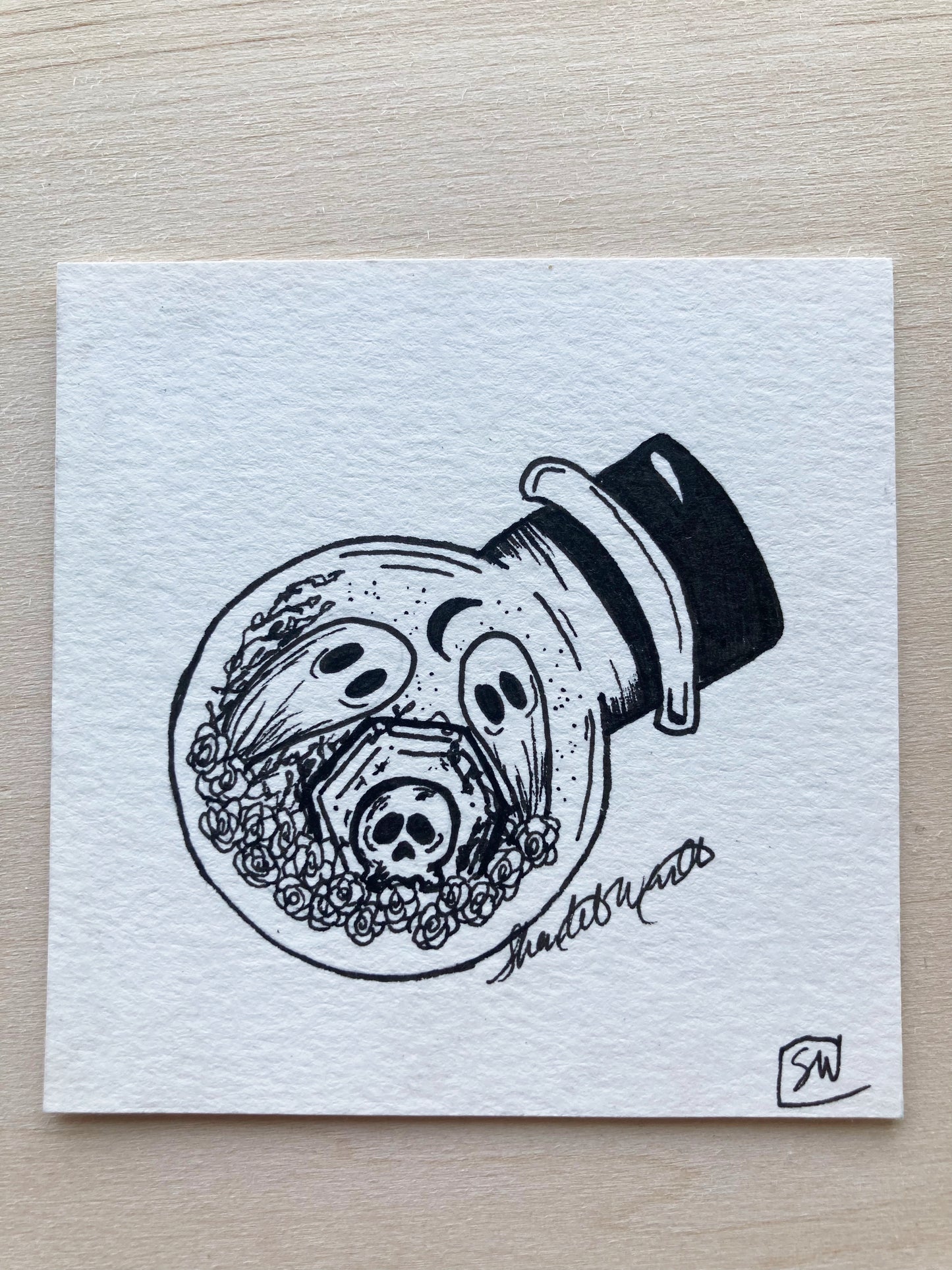 Original ink art Ghosts n Roses in a Bottle