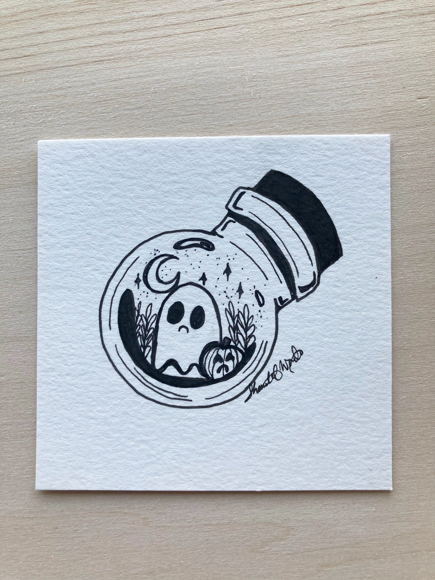 Original ink art Sad Ghost Comic in a Bottle