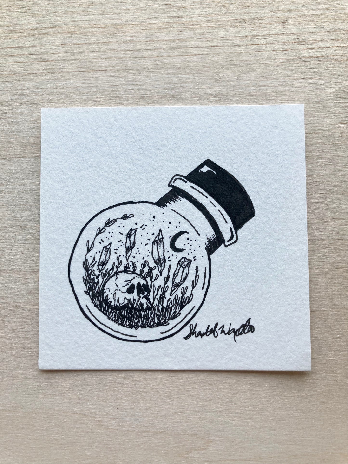 Original ink art Crystals and Skull in a Bottle