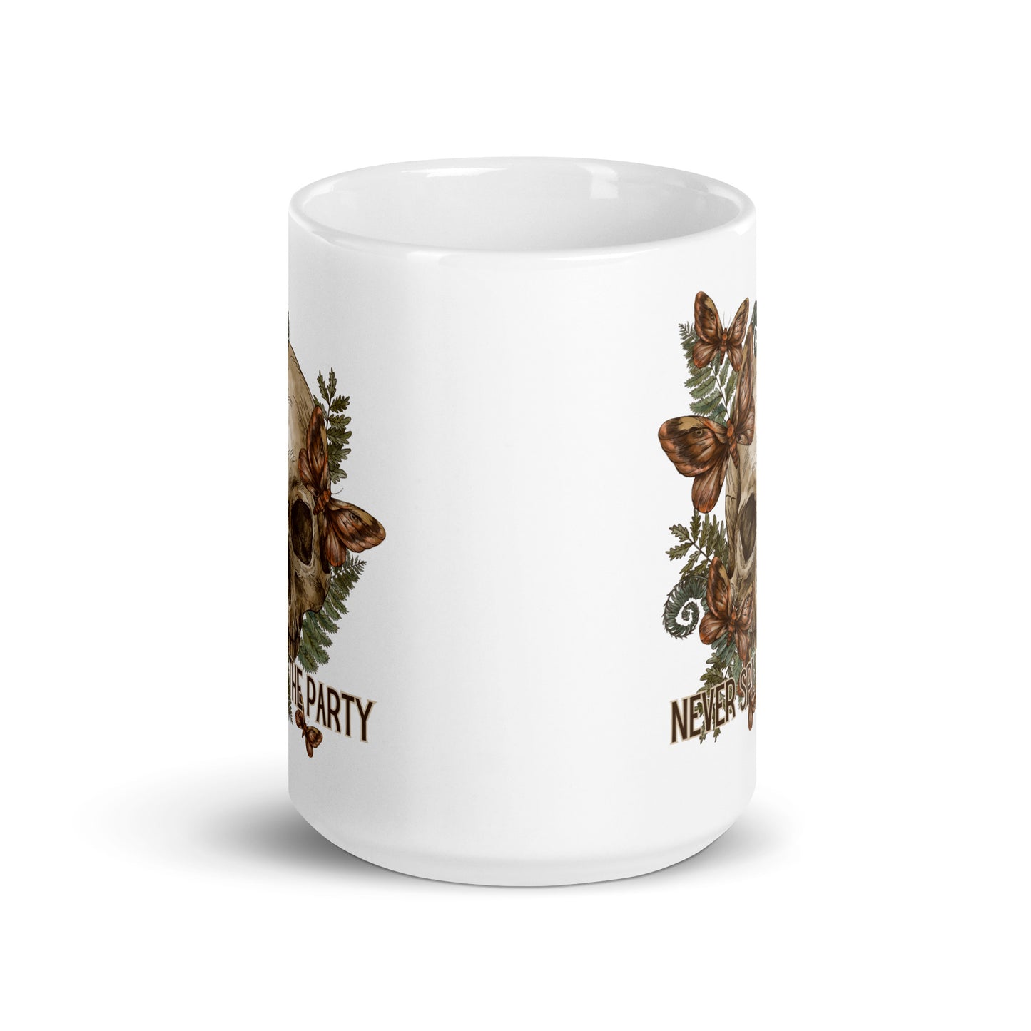 Never Split The Party DND Skull White glossy mug