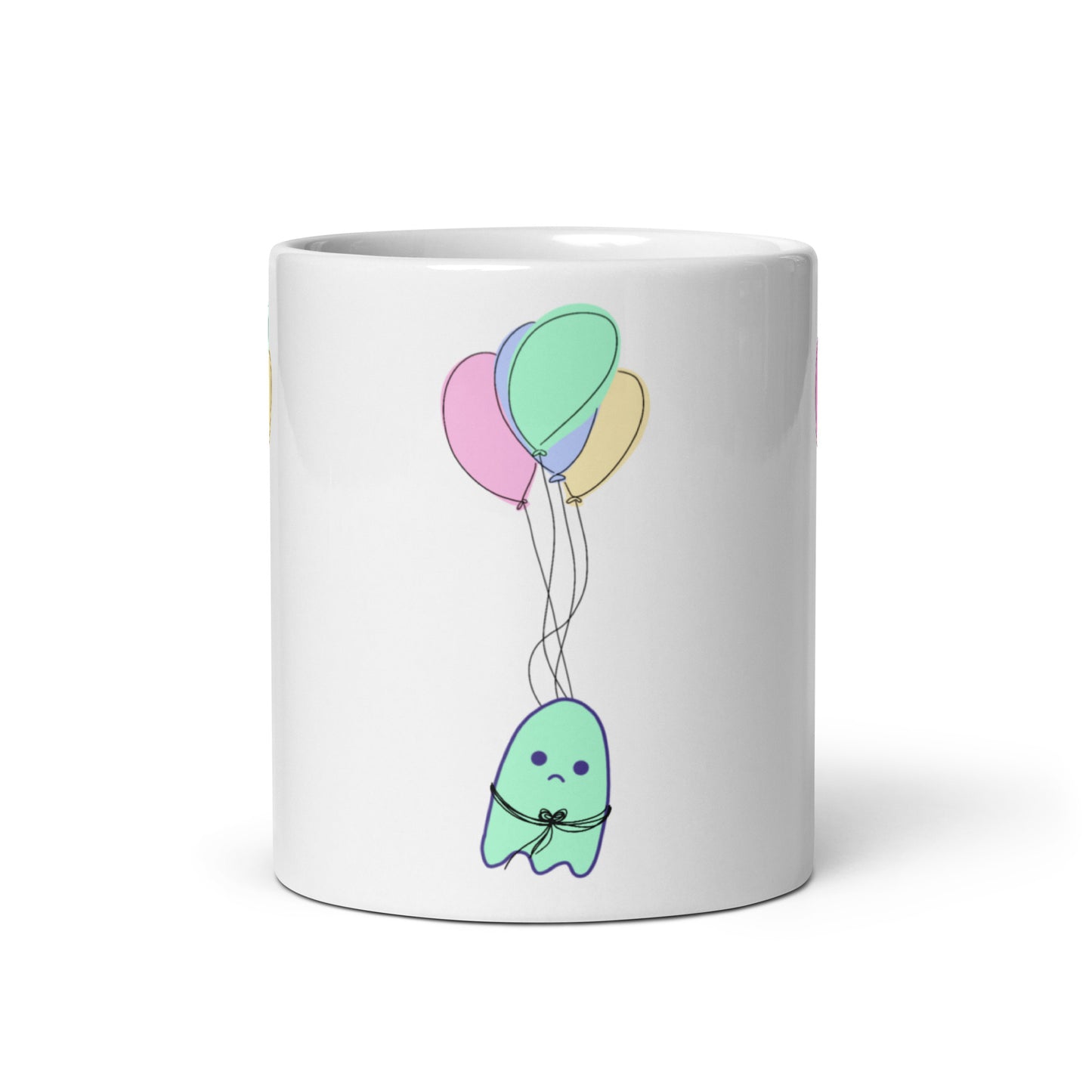 Sad Ghost Comic Balloon Flight White glossy mug