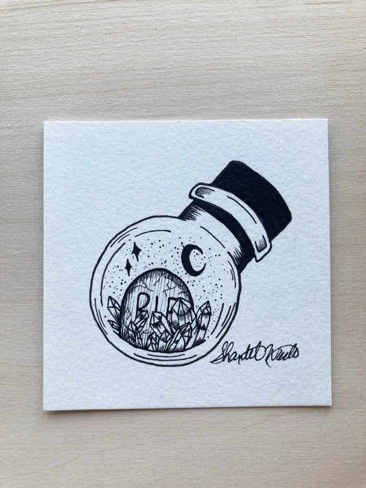 Original ink art RIP Crystals in a Bottle