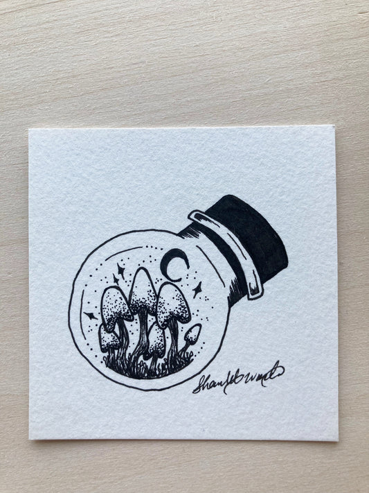 Original ink art Mushrooms in a Bottle