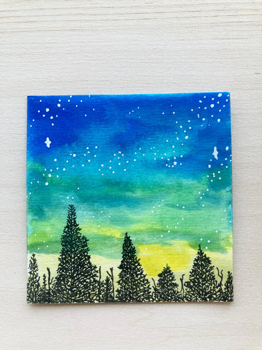 Sunset Over The Trees Mini Watercolor Original