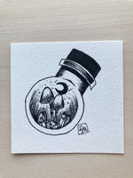 Original ink art Recharging Crystals with Mushrooms in a Bottle