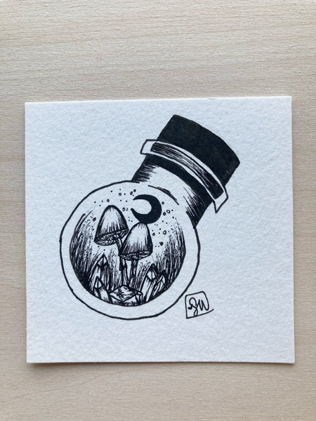 Original ink art Recharging Crystals with Mushrooms in a Bottle