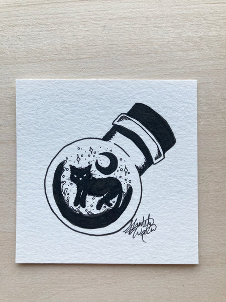 Original ink art Cat in a Bottle