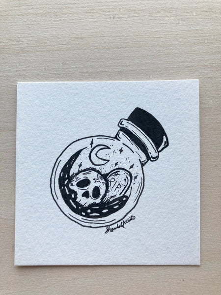 Original ink art Skull in a Bottle