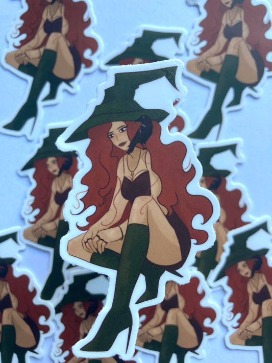 Witch With Crow Familiar Sticker