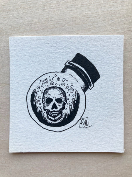 Original ink art Skull Spells in a Bottle