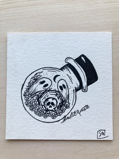Original ink art Ghosts n Roses in a Bottle