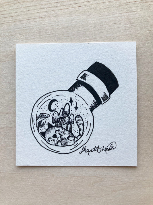 Original ink art The Cutest Cat in a Bottle
