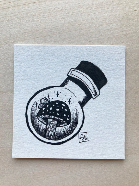 Original ink art Mushroom Magic in a Bottle