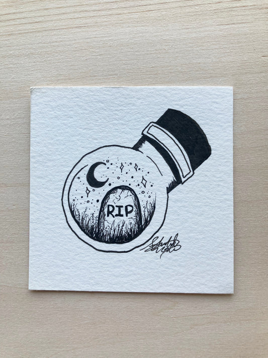 Original ink art Tombstone in a Bottle