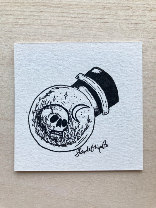 Original ink art Skull in a Bottle