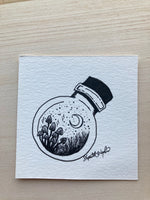 Original ink art Mushrooms In The Moonlight in a Bottle