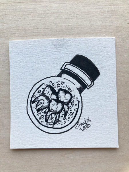 Original ink art Three Teeth in a Bottle