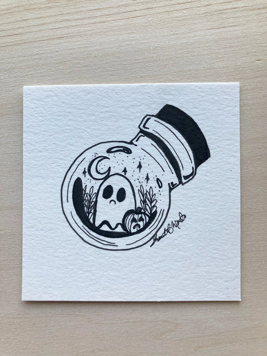 Original ink art Sad Ghost Comic in a Bottle