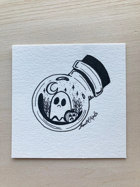 Original ink art Sad Ghost Comic in a Bottle