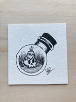 Original ink art Skull Candle Holder in a Bottle