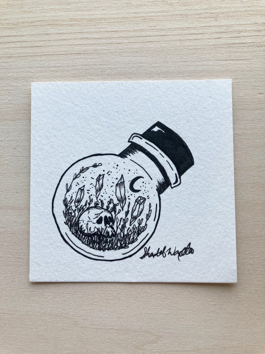 Original ink art Crystals and Skull in a Bottle