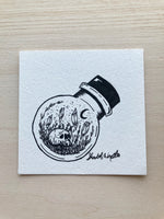 Original ink art Crystals and Skull in a Bottle