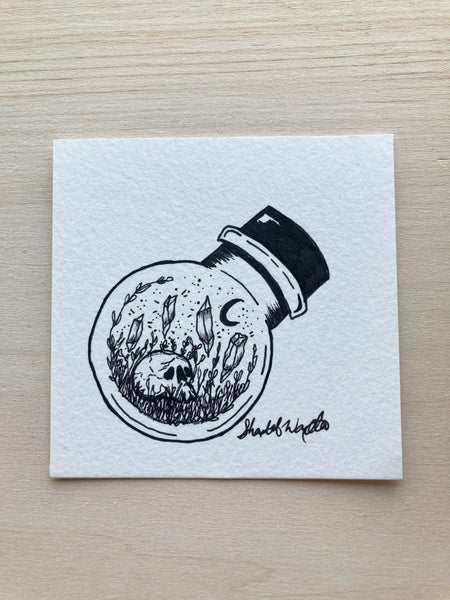 Original ink art Crystals and Skull in a Bottle