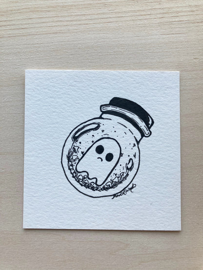 Original ink art Sad Ghost Comic in a Bottle