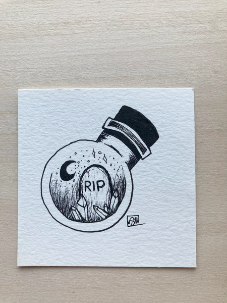 Original ink art Crystals in the Moonlight in a Bottle
