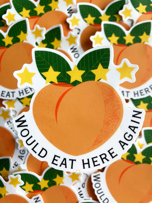 A set of peach stickers with a green leaf design and the text 'WOULD EAT HERE AGAIN'.