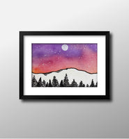 Mini Watercolor Landscape Night Sky Painting