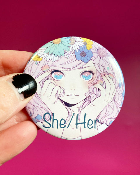 She/Her pronouns pinback button 2.25”